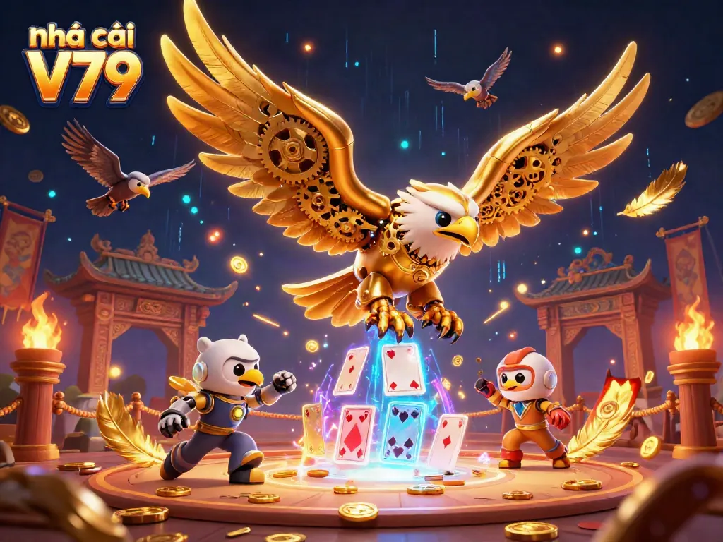 Experience the thrill at Nhà cái V79 with a dynamic 3D casino scene featuring a cybernetic golden eagle.