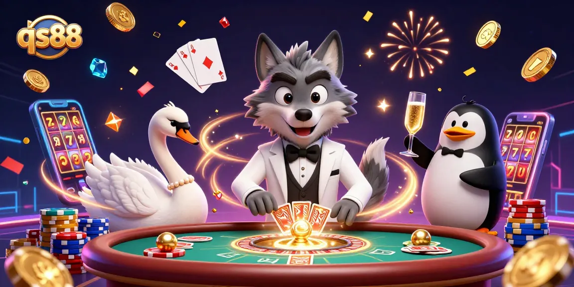 Experience the excitement of qs88 with a luxurious casino scene featuring a stylish wolf, an elegant swan, and a penguin sommelier.
