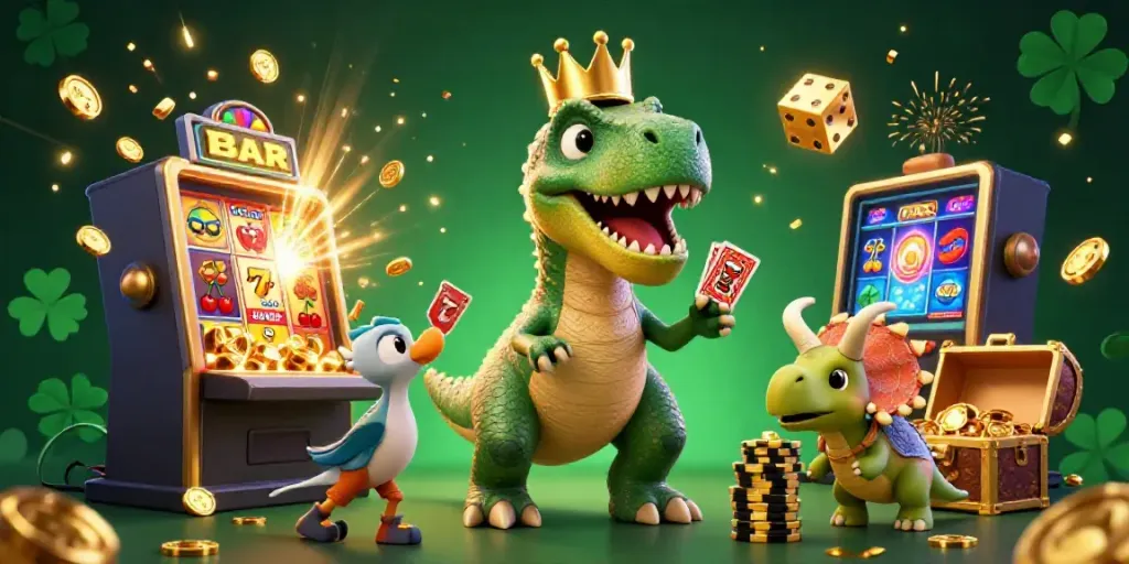 Win big with 23winn1 as a friendly T-Rex and friends enjoy vibrant casino excitement.