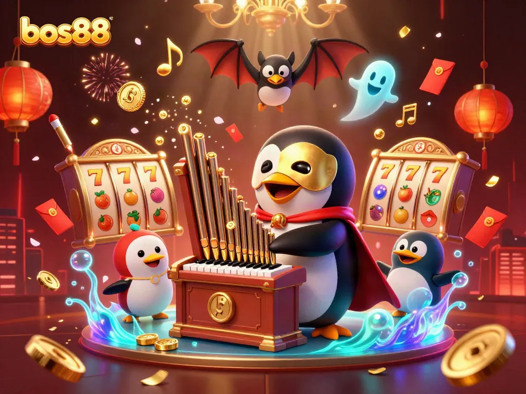 Experience the excitement of bos88 as a majestic penguin plays golden organ pipes, launching coins in a colorful casino scene.