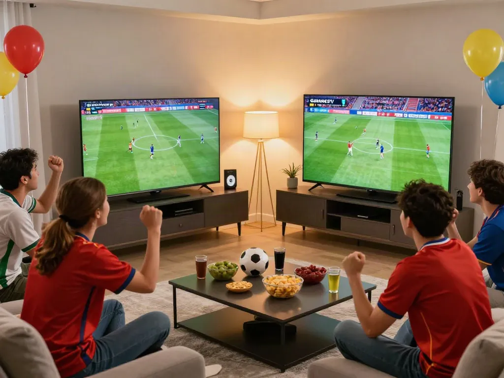 The lively atmosphere of friends enjoying a football match broadcast on GavangTV in a cozy living room.