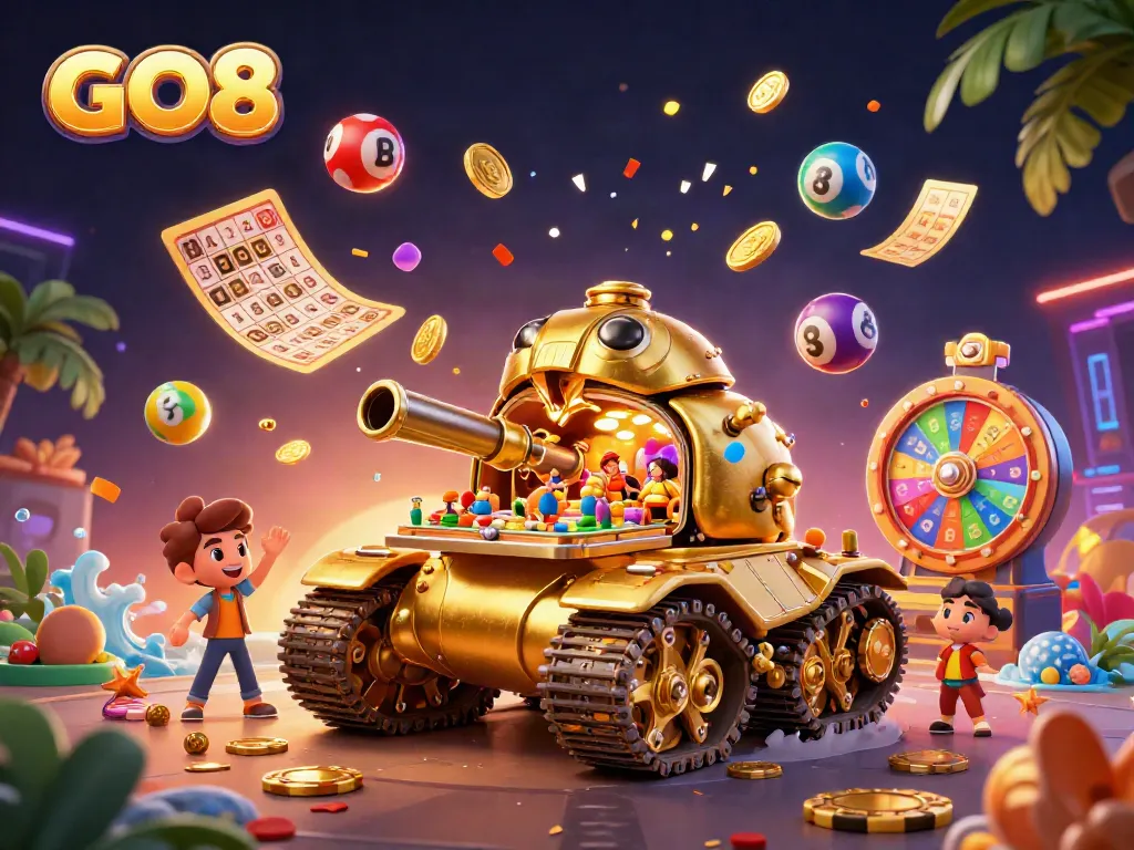 Experience the excitement of GO8 with a vibrant 3D casino scene featuring a golden beetle tank and lively game elements.