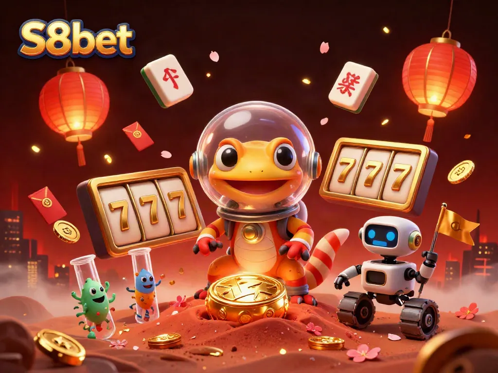 Experience the excitement of S8bet with a vibrant scene of a Martian gecko uncovering a golden casino.