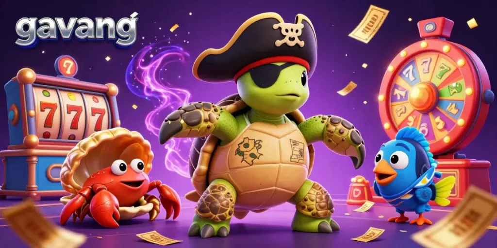 Experience the thrills of gambling with gavang-themed characters celebrating around colorful game elements.