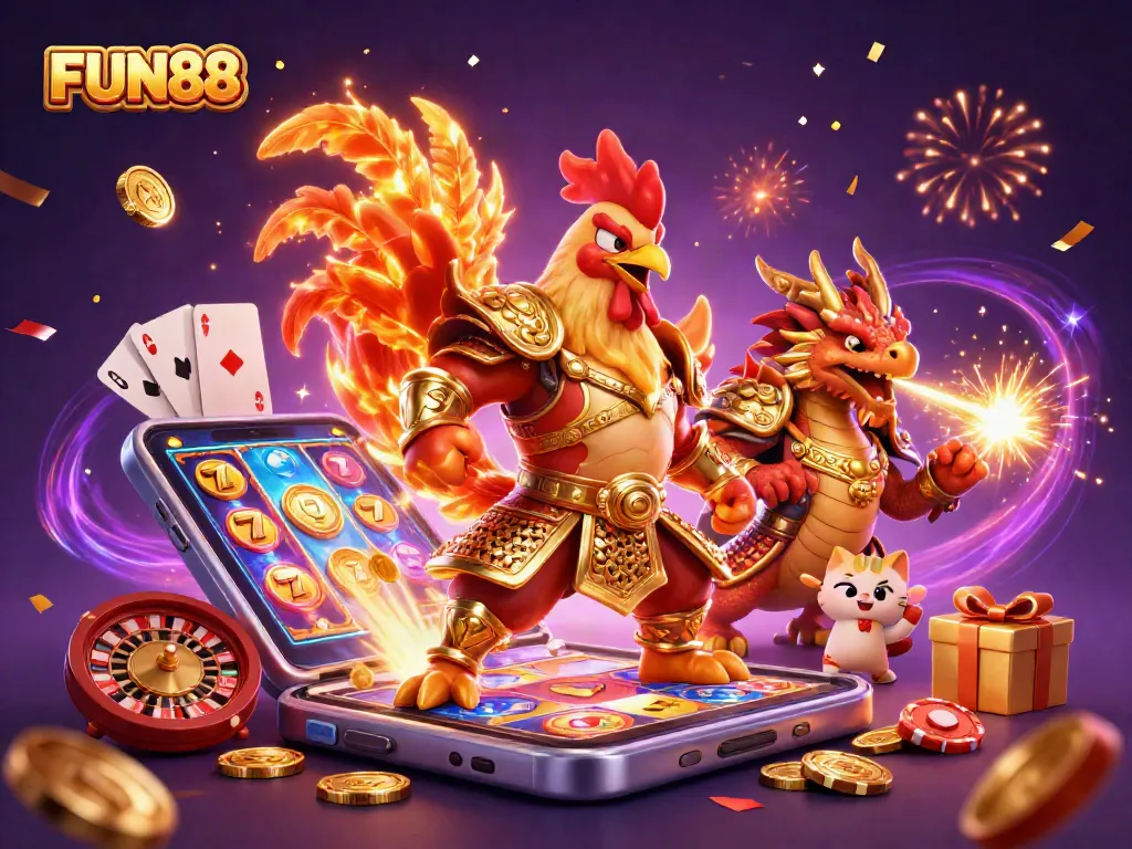 Win big at FUN88 with a vibrant 3D casino scene featuring a winning rooster and dragon
