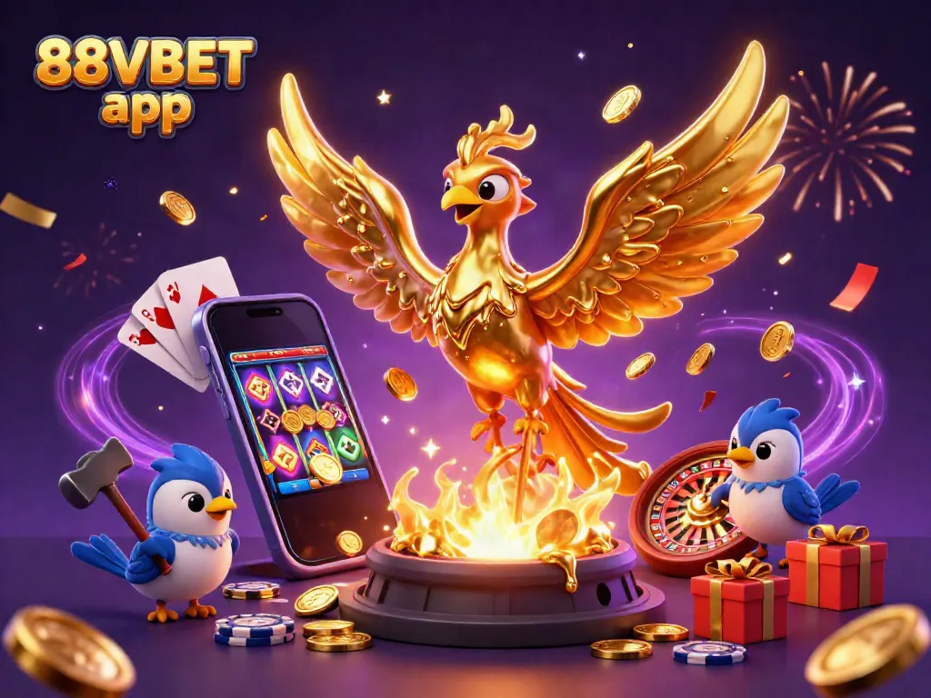 Engage with the exciting 88VBET app showcasing a golden phoenix conjuring coins among festive gaming elements.