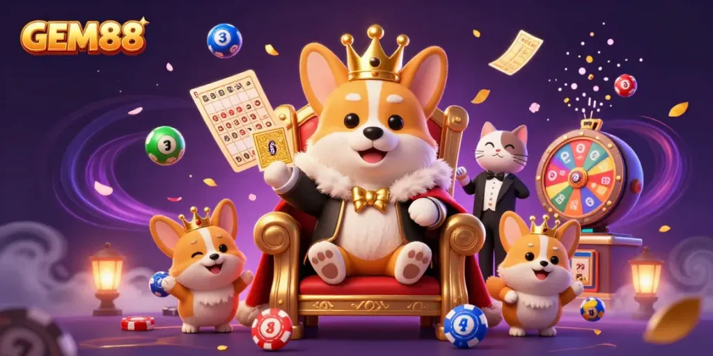 Experience thrilling gameplay at GEM88 with a 3D royal corgi and dynamic lottery elements showcasing an exciting casino atmosphere.