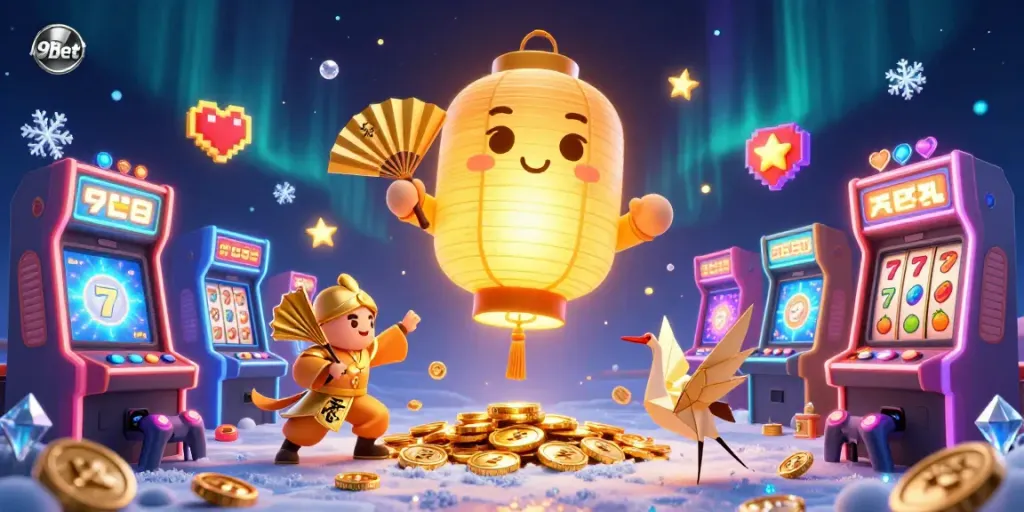 Join the excitement at 9bet with golden lantern spirit floating in a dynamic casino scene filled with 3D gaming experiences.