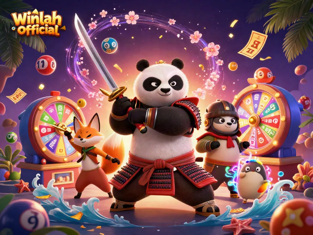 Join the excitement at winlah-official with a vibrant 3D cartoon illustration showcasing thrilling lottery and casino elements.