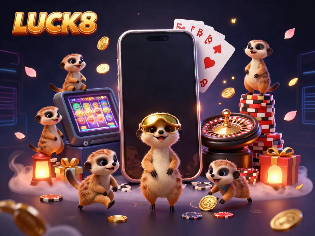 Experience excitement with LUCK8's lively casino scene featuring playful meerkats and vibrant gaming elements.