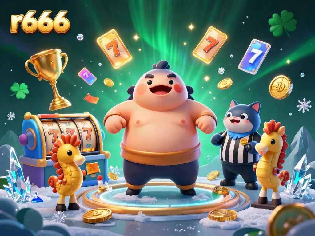 R666 online casino showcasing dynamic gaming elements with fugu character and vibrant visuals.