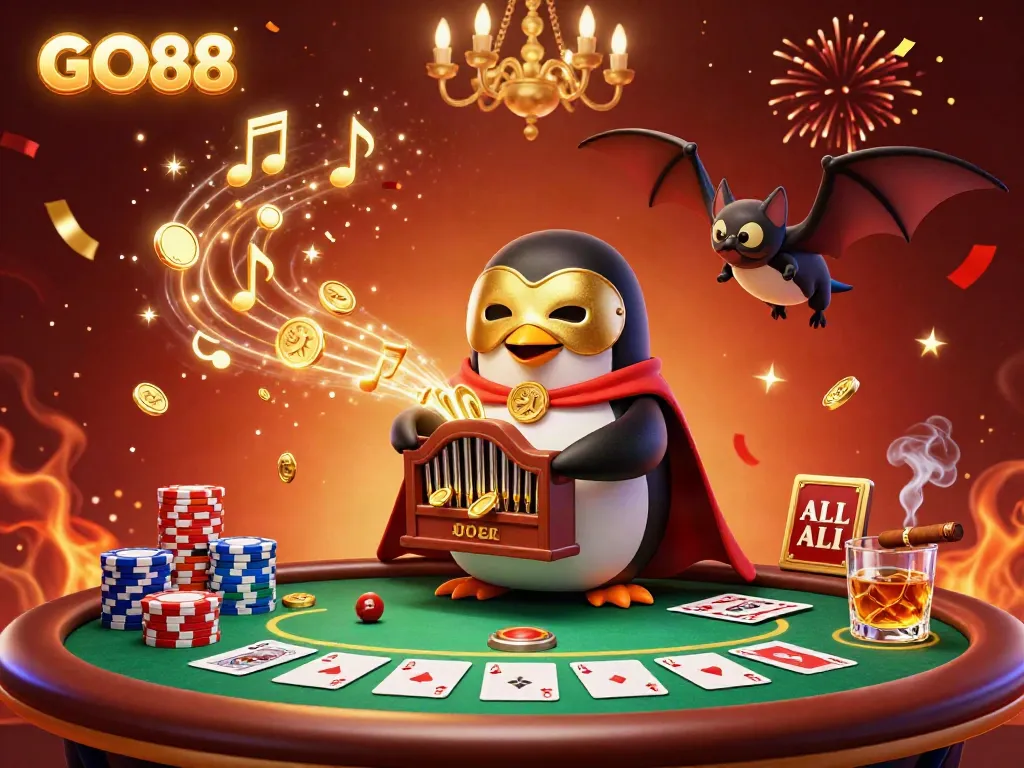 Experience exciting gaming with GO88 in this vibrant, dynamic casino scene featuring a cartoon penguin and bat.