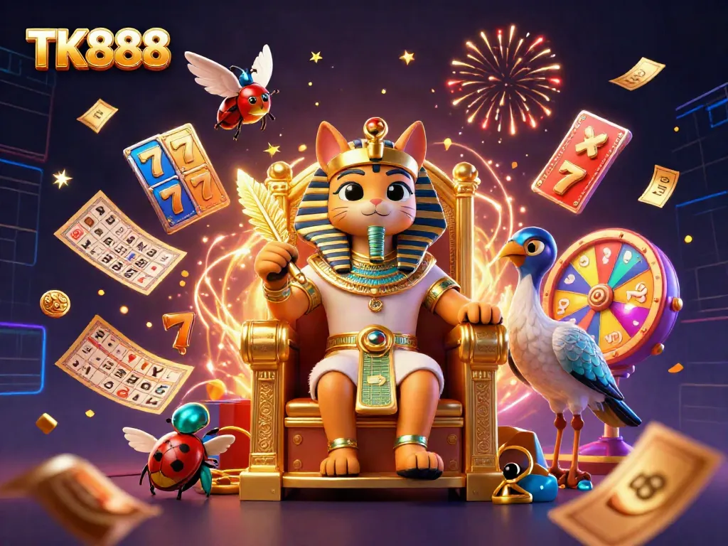 Engage in the thrilling world of TK888 with a dynamic scene featuring an Egyptian pharaoh cat surrounded by colorful slot elements and celebratory effects.