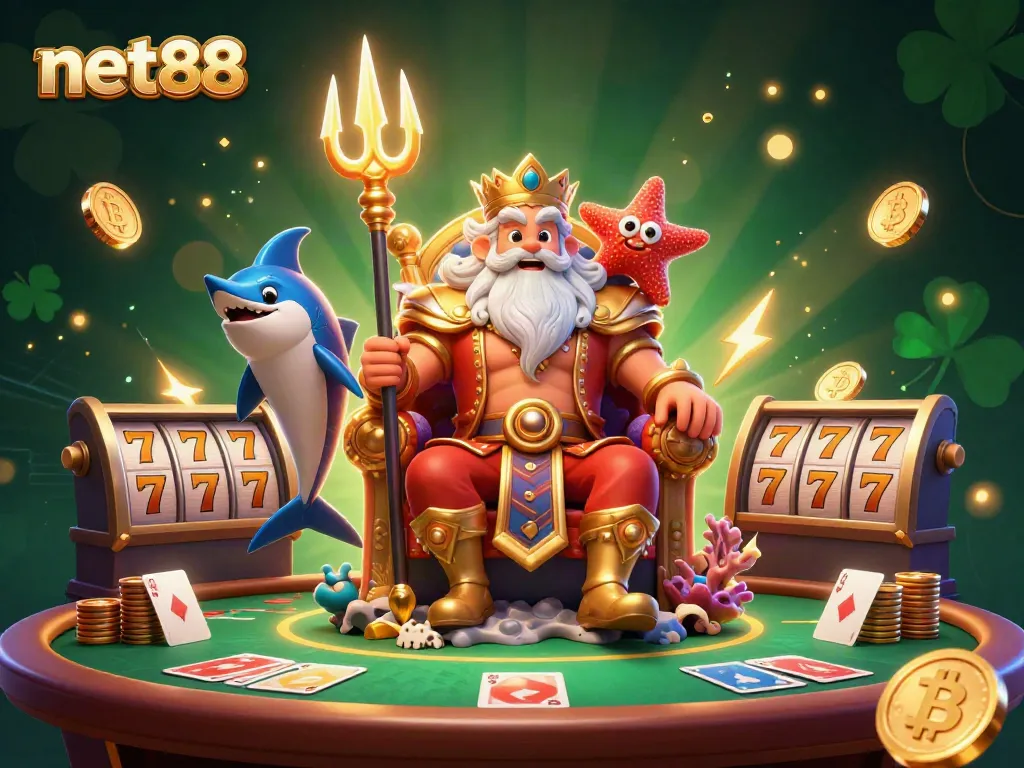 Engage with net88's vibrant casino experience featuring Neptune, gaming elements, and neon graphics.