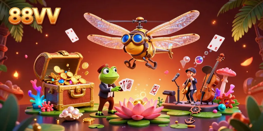 Experience the 88VV casino fun with dynamic characters and vibrant gaming elements in a rich 3D render.