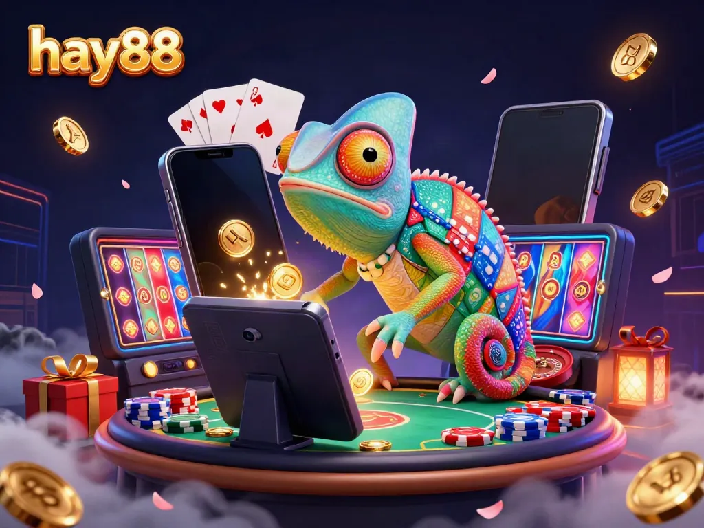 Experience excitement at hay88 casino with a vibrant illustration of gambling elements and rewards.