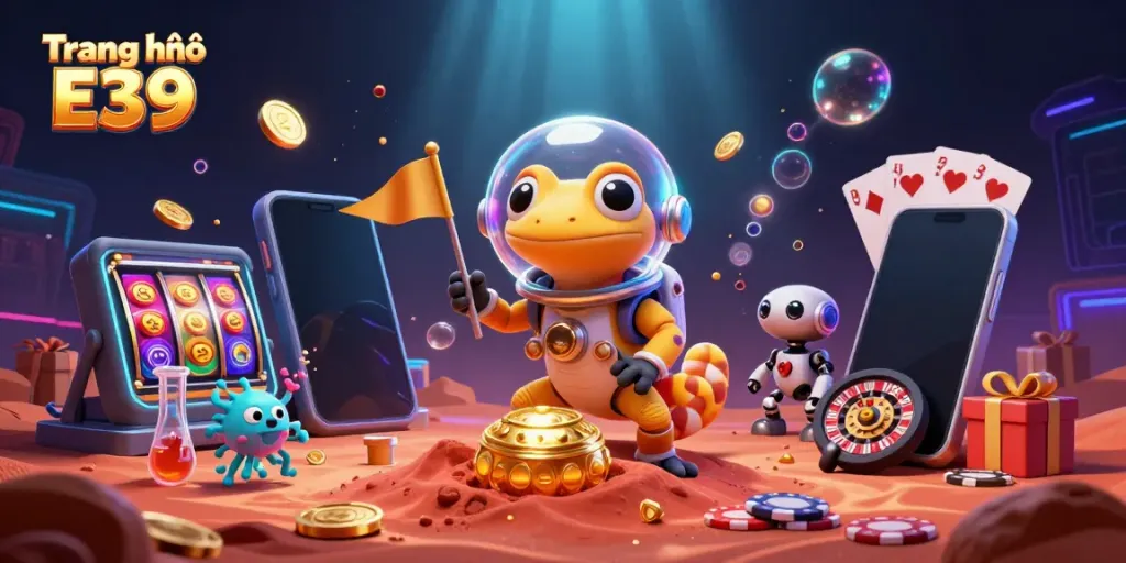 Experience the vibrant world of Trang chủ E39 with a Martian gecko discovering a casino scene filled with joyful aliens and games.