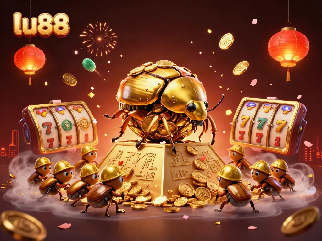 Experience the excitement of lu88 as golden beetles roll coins in a vibrant casino scene.