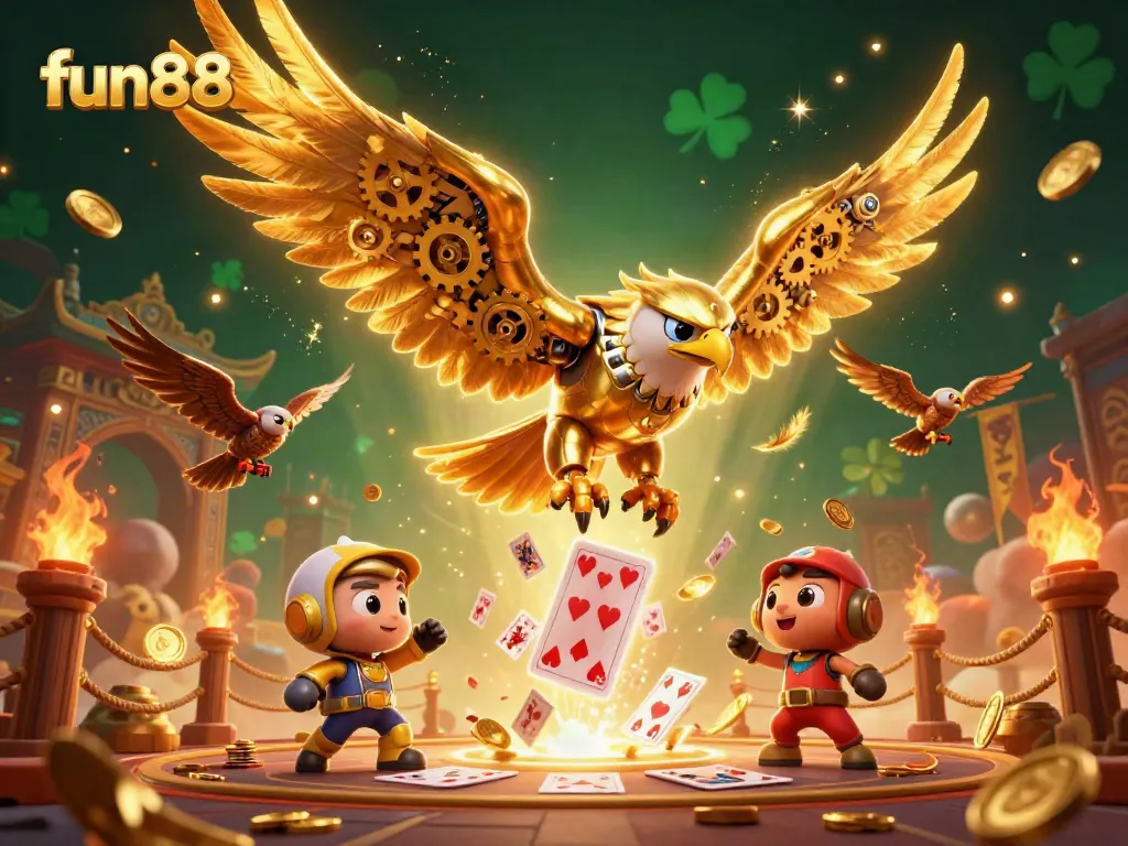 Win big with fun88 in an exhilarating 3D casino scene showcasing cybernetic eagle and dynamic game elements.