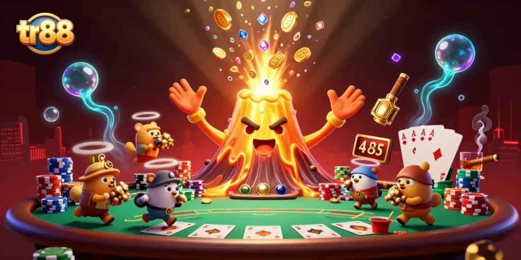 Spin the reels of tr88 with a lively casino atmosphere featuring a golden volcano and poker elements.