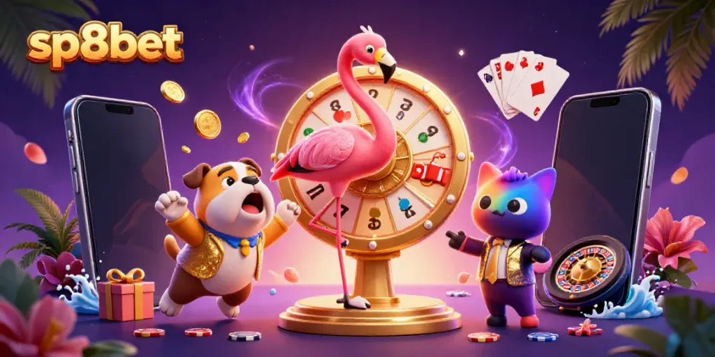 sp8bet's vibrant gaming scene showcases a flamingo spin a prize wheel amidst lively casino elements