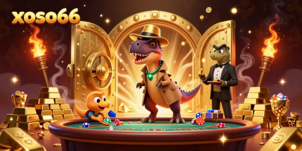 Engage with xoso66's vibrant 3D casino scene featuring a clever velociraptor at a blackjack table.