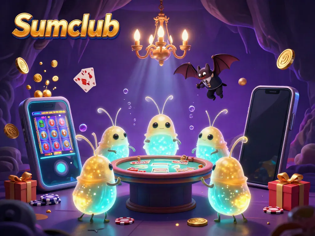 Engage in thrilling casino action with Sumclub's vibrant glowworm team illuminating a cave casino scene.