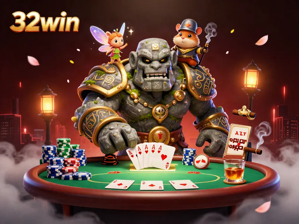 Dive into the thrilling experience at 32win, where a stone golem, fairy, and hamster knight bring poker to life.