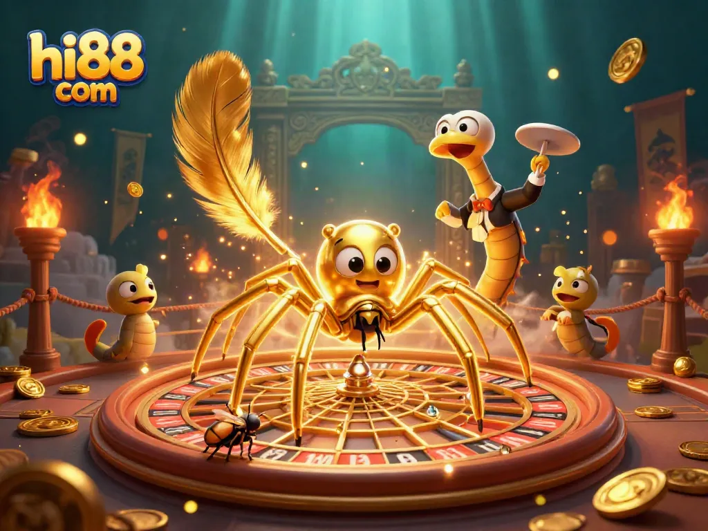 Experience exhilarating gameplay with hi88 com's golden spider and a dynamic roulette wheel in this immersive 3D scene.