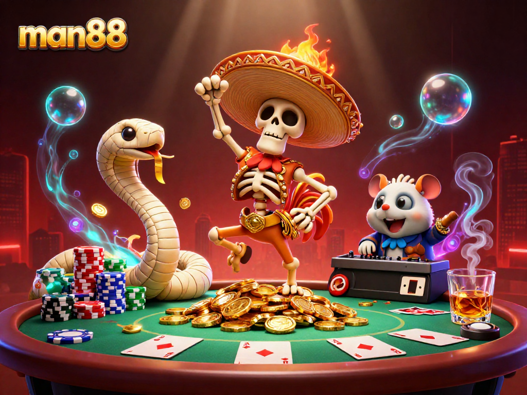 Experience the thrill of man88 with vibrant casino elements in a dynamic digital art scene.