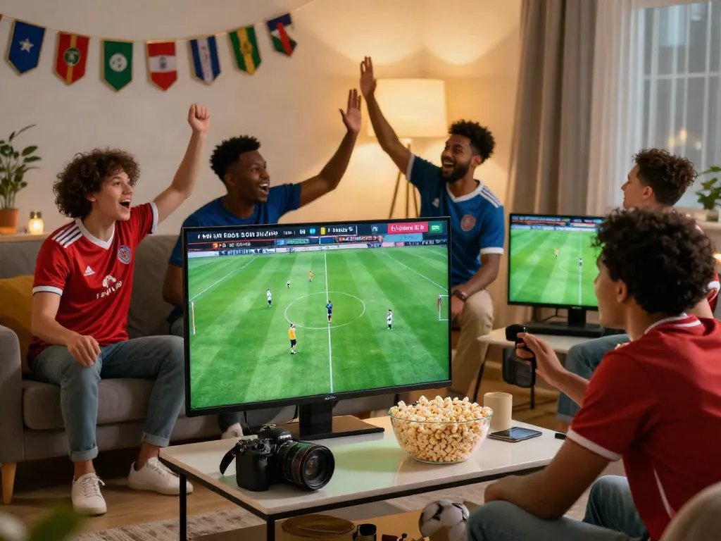 Xoilactv live soccer streaming experience with fans cheering in a cozy room.