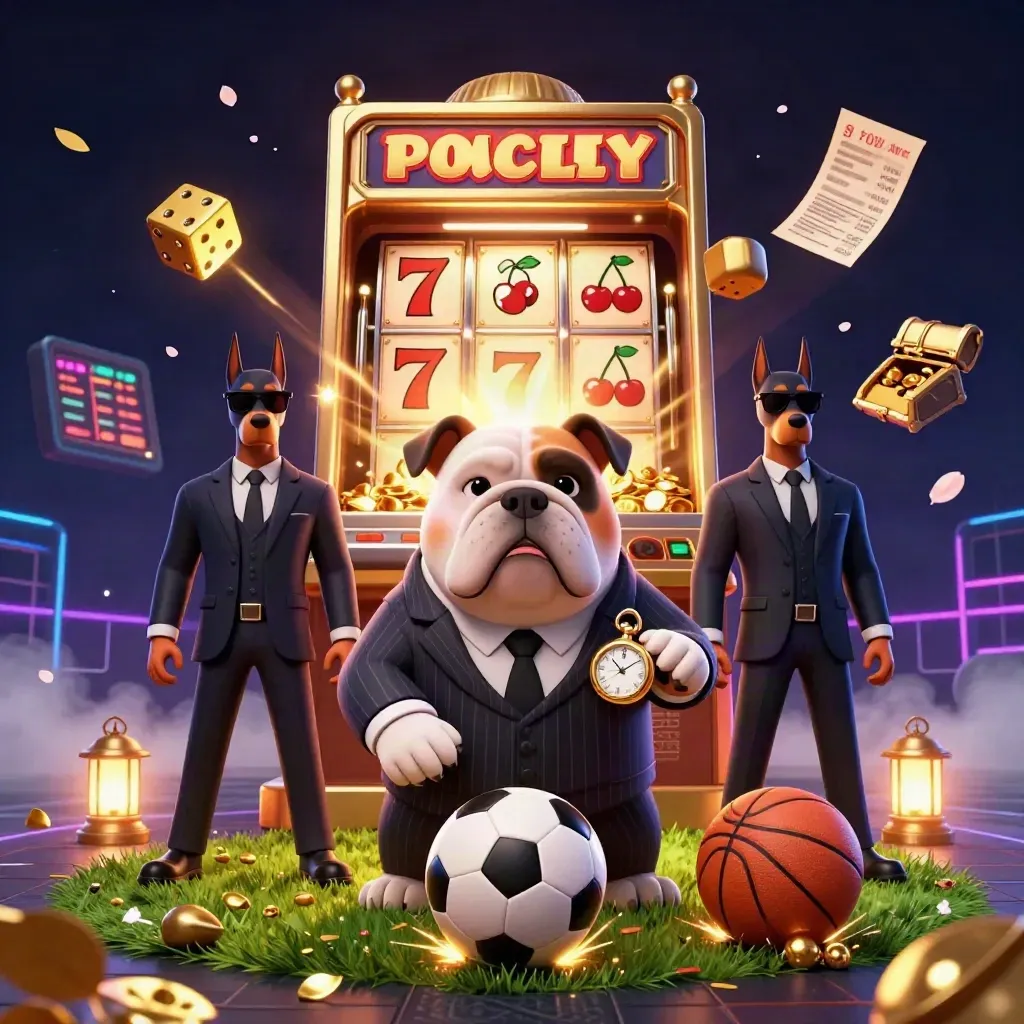 Bulldog mafia boss and Dobermans amid casino bursts, balls, gold, and neon haze