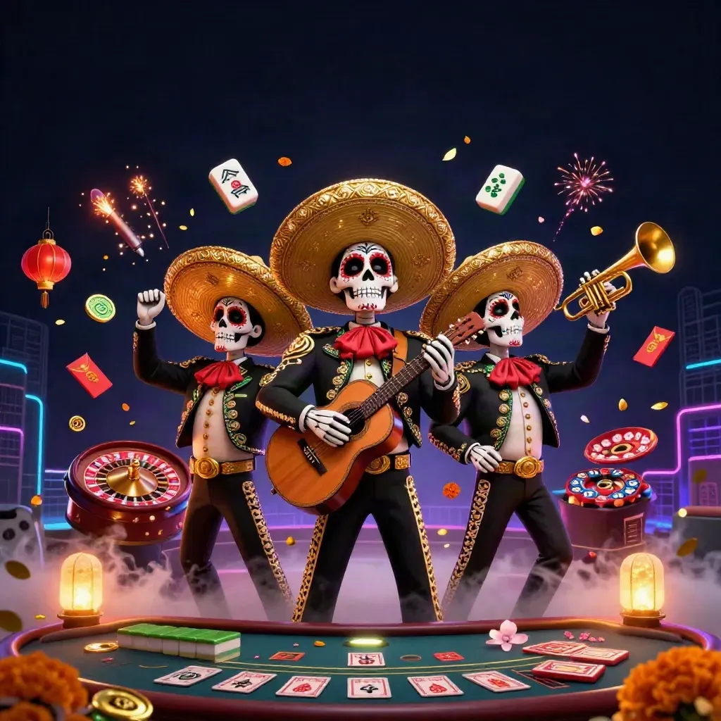 Joyful skeleton mariachi trio amid casino magic, lanterns, coins, petals, and glowing roulette energy.