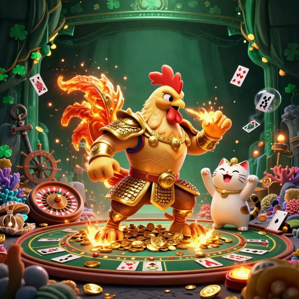 Rooster warrior, dragon hatchling, and fortune cat in a glowing treasure cove with casino props.