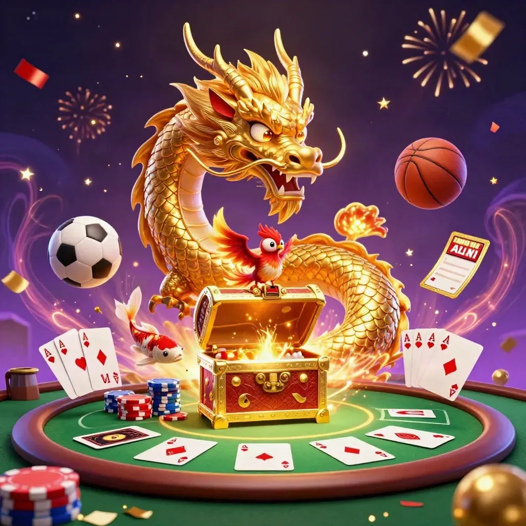 Golden dragon, phoenix, koi, poker chips and sports balls explode in a luxe casino scene.