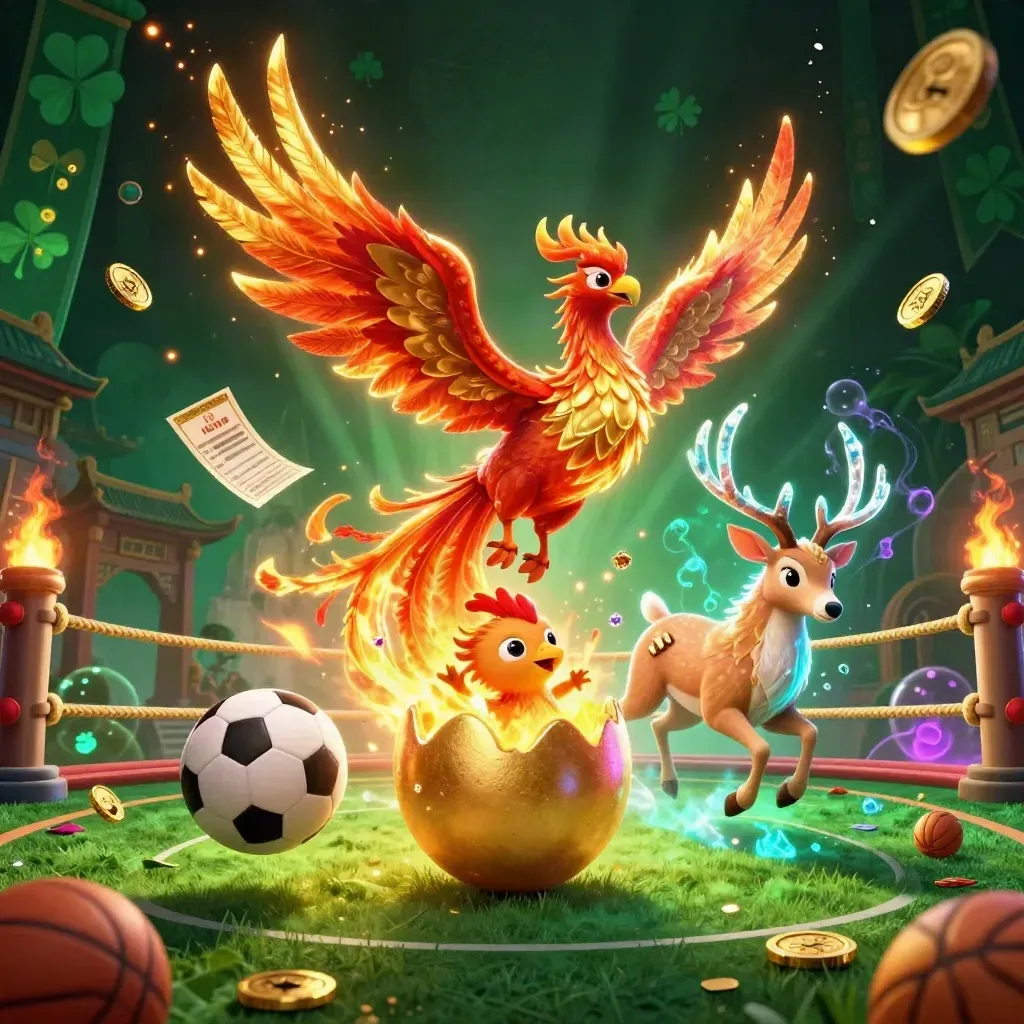 Phoenix, stag, and hatching egg amid casino tokens, ball flight, and neon temple glow.