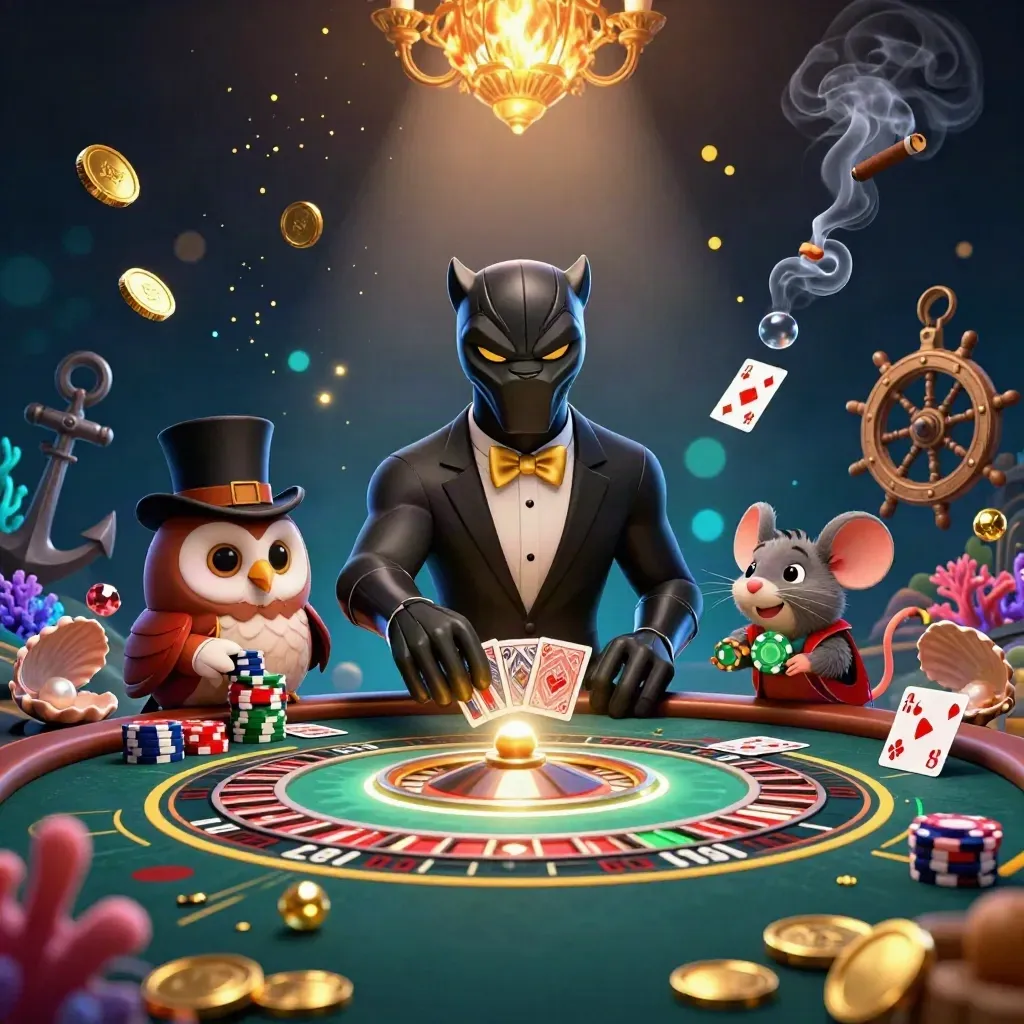 Panther, owl, and mouse at a glowing casino table amid treasure-cove magic
