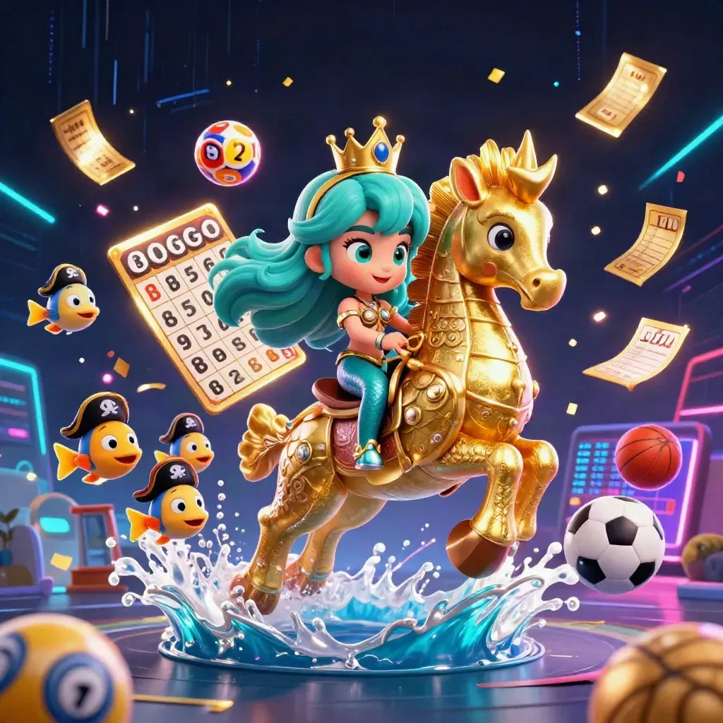 Mermaid princess on armored seahorse amid casino symbols and neon lightning