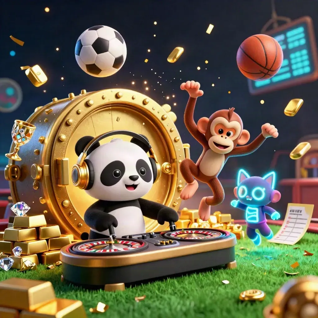 DJ panda, monkey, and glow-stick kitten in a gold casino burst with balls and treasure.
