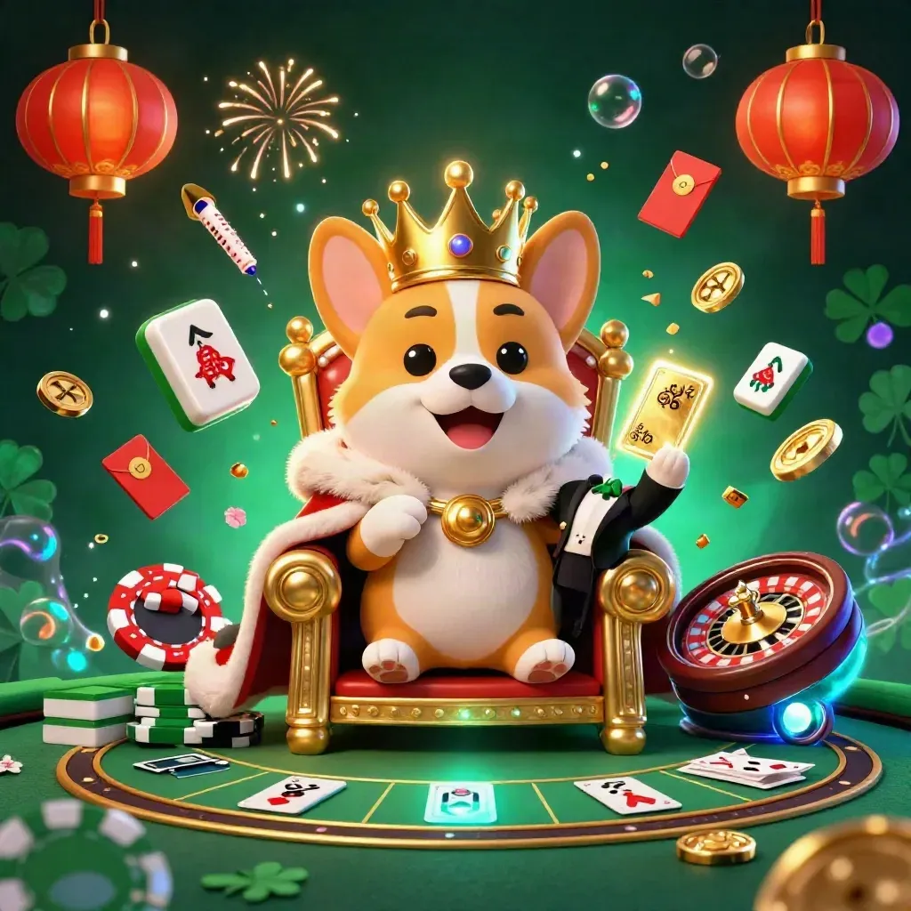 Royal corgi on a chip throne with cat butler, glowing lanterns, jade coins, and casino lights.