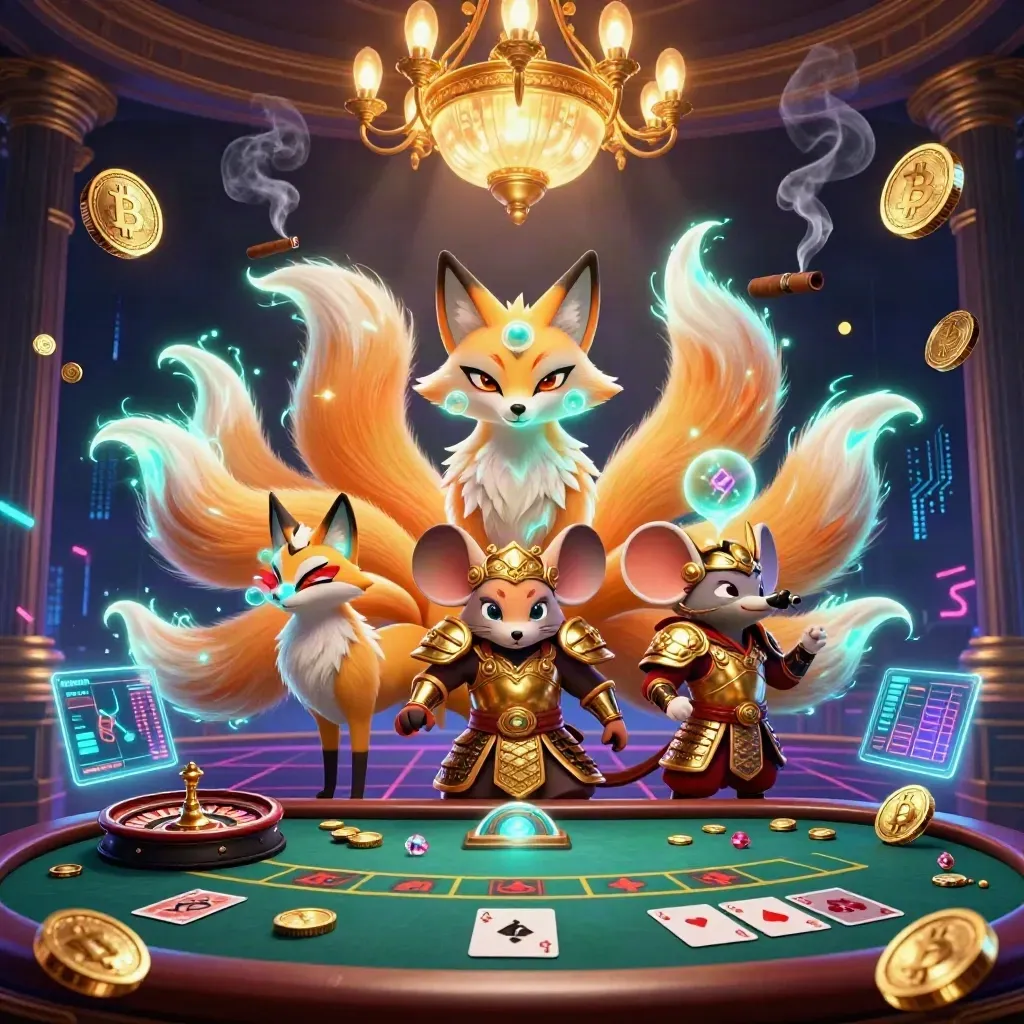 Neon fox spirit and armored mouse at a glowing casino table with coins and electric effects