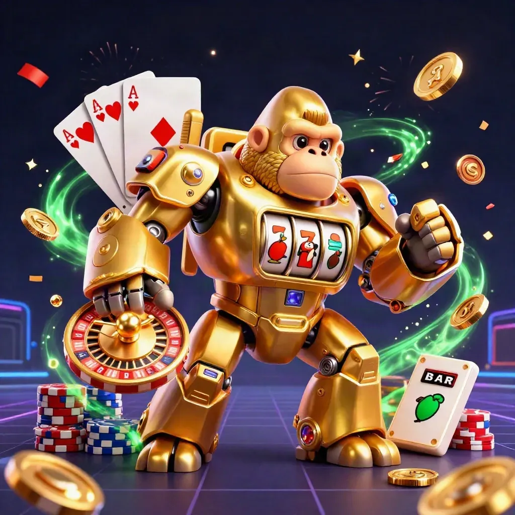 Golden gorilla mech with monkey pilot amid coins, gems, roulette wheel and poker chips on a neon casino grid.