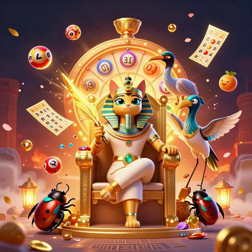 Pharaoh cat, ibis scribe, and scarabs amid casino treasure, balls, wheel, petals, and glowing embers.