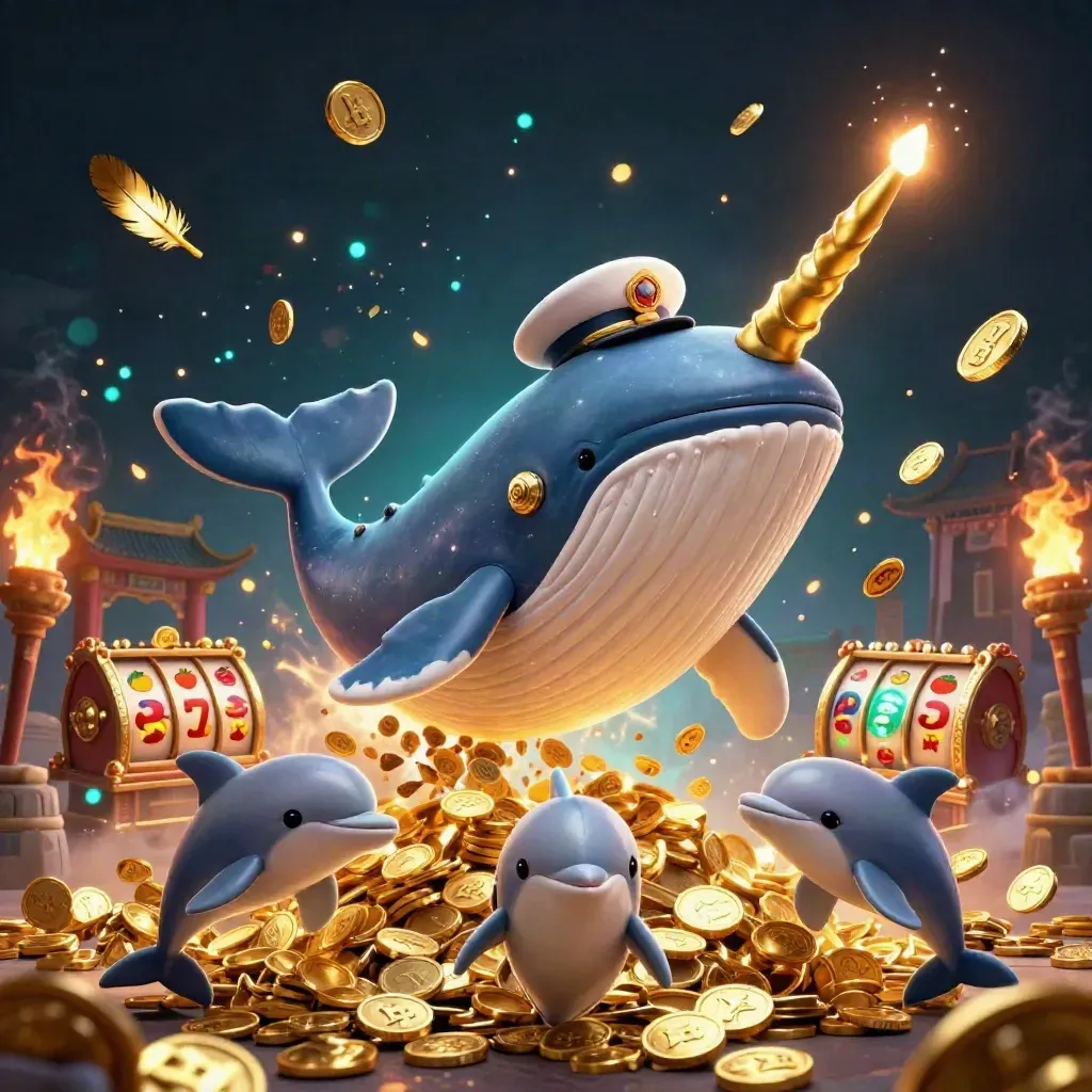 Whale captain, narwhal and dolphins burst through coins with casino treasure and neon lights