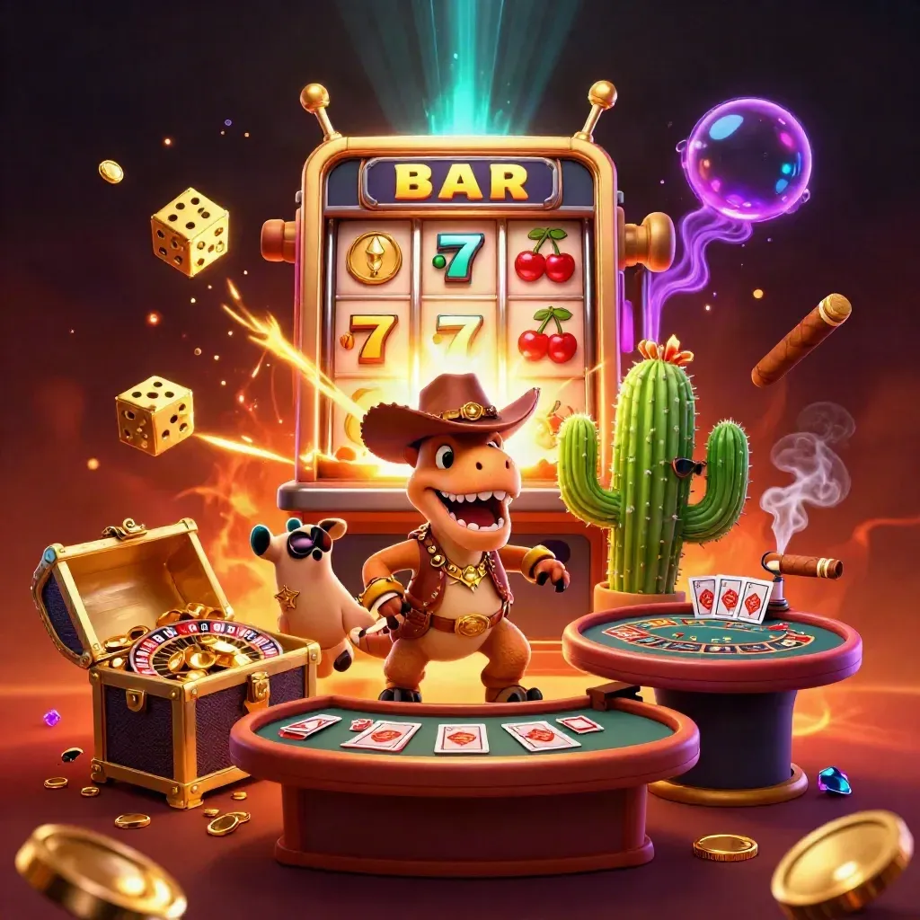 Cowboy T-Rex, cactus sidekick, and roadrunner amid casino bursts, gold, and neon glow.