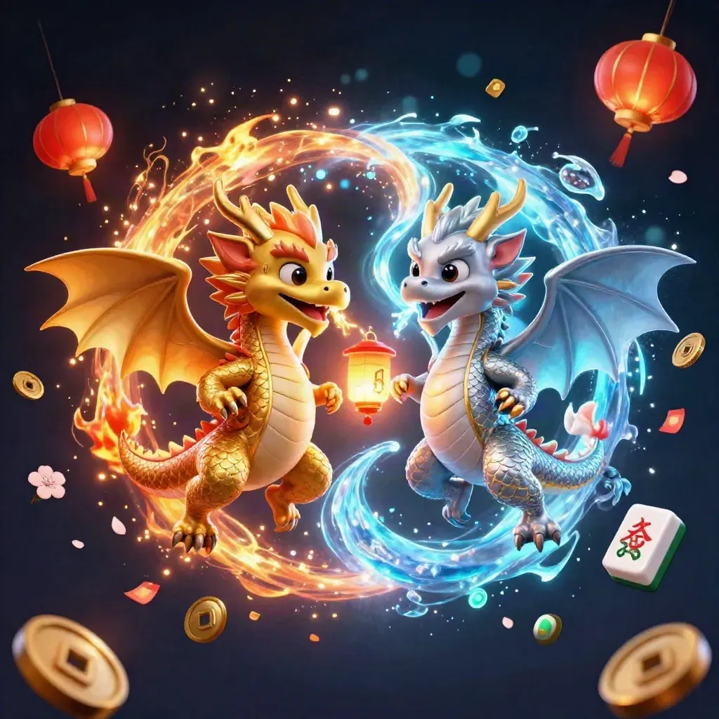 Gold and silver dragons twist around a lantern spirit amid jade coins, petals, and glowing treasure.