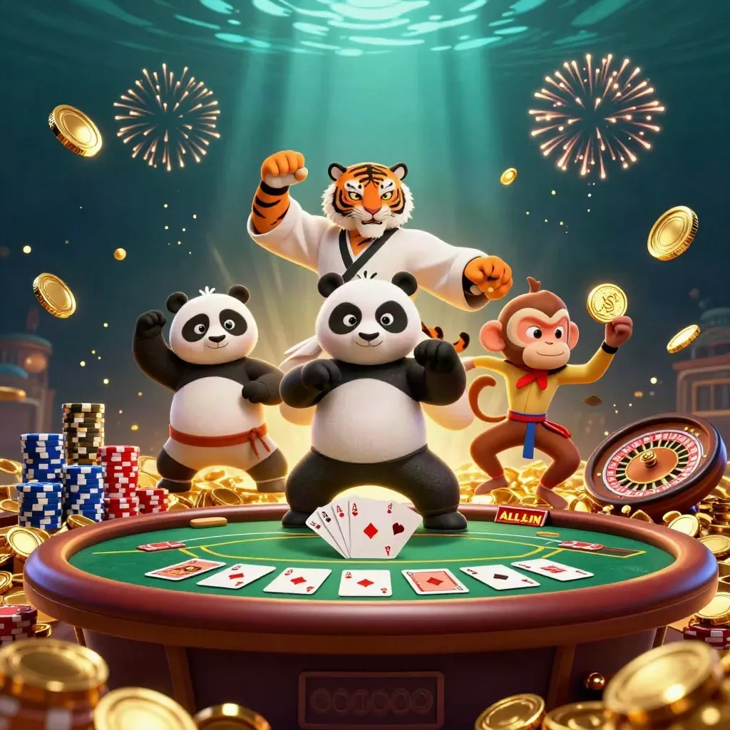 Tiger, panda, and monkey in a casino splash scene with coins, cards, chips, and fireworks.