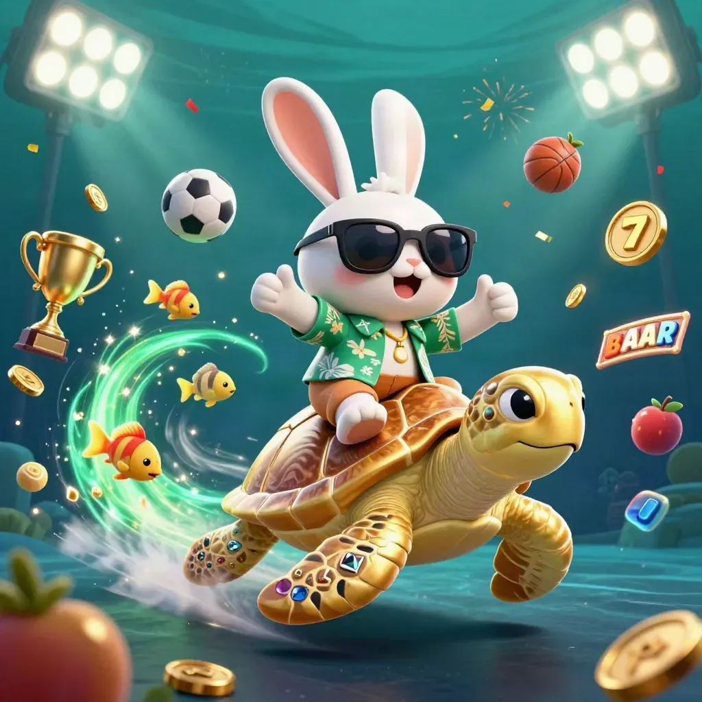 Rabbit in sunglasses rides a golden sea turtle underwater with coins, sports balls, trophy, and casino glow