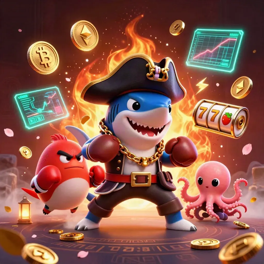 Pirate shark, boxing pufferfish, and coin-juggling octopus amid neon casino treasure bursts.