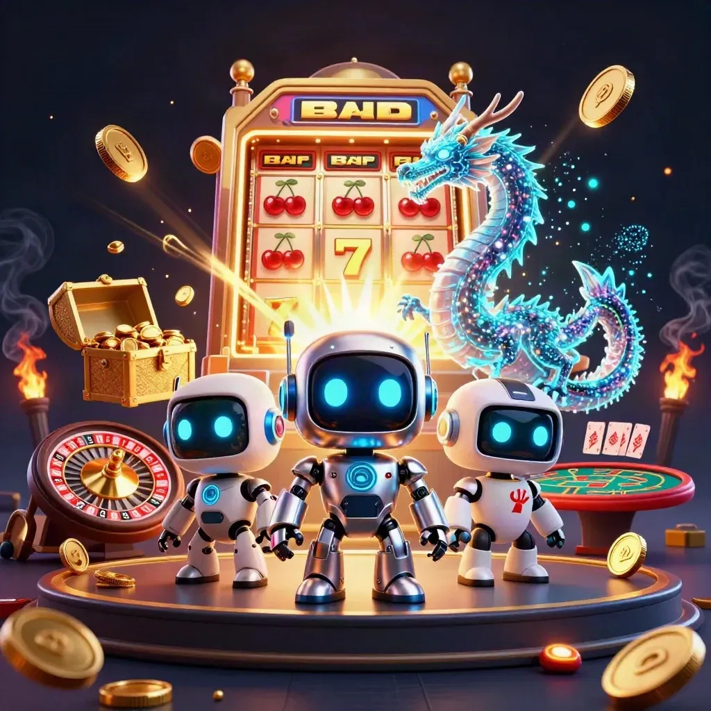 Cyberpunk robot, hologram dragon, and coin drone amid a vault burst of gold, slots, dice, and casino tables.